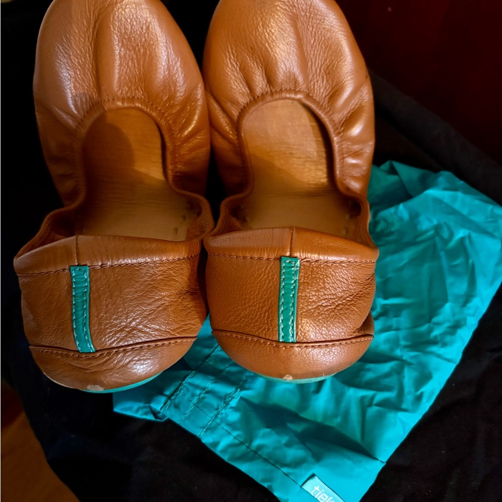 Tieks Brown Leather Flats with Teal Accent